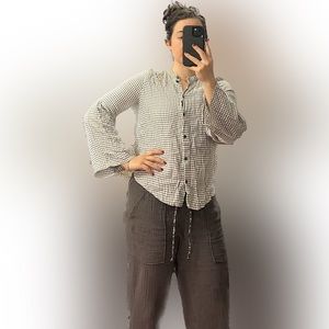 Madewell Sz XS Bell Sleeve Button Up Front Shirt Windowpane Check Top